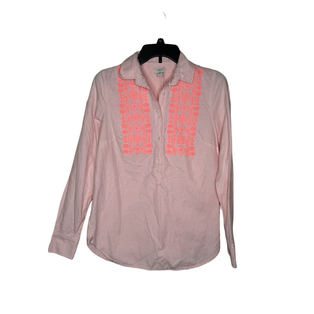 J.Crew Women's Top Shirt Embroidered Striped Long Cuffed Sleeve Button Pink‎ XS